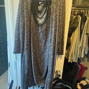 Janette Plus Charcoal Knit Duster with Black Lace Detail